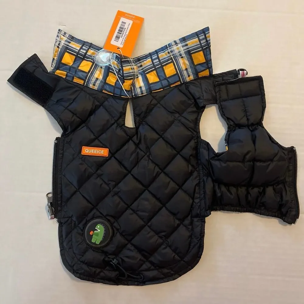 NWT Queeice Dog Puffer Vest Size Small Black Yellow Checked 2 Sided Zipper